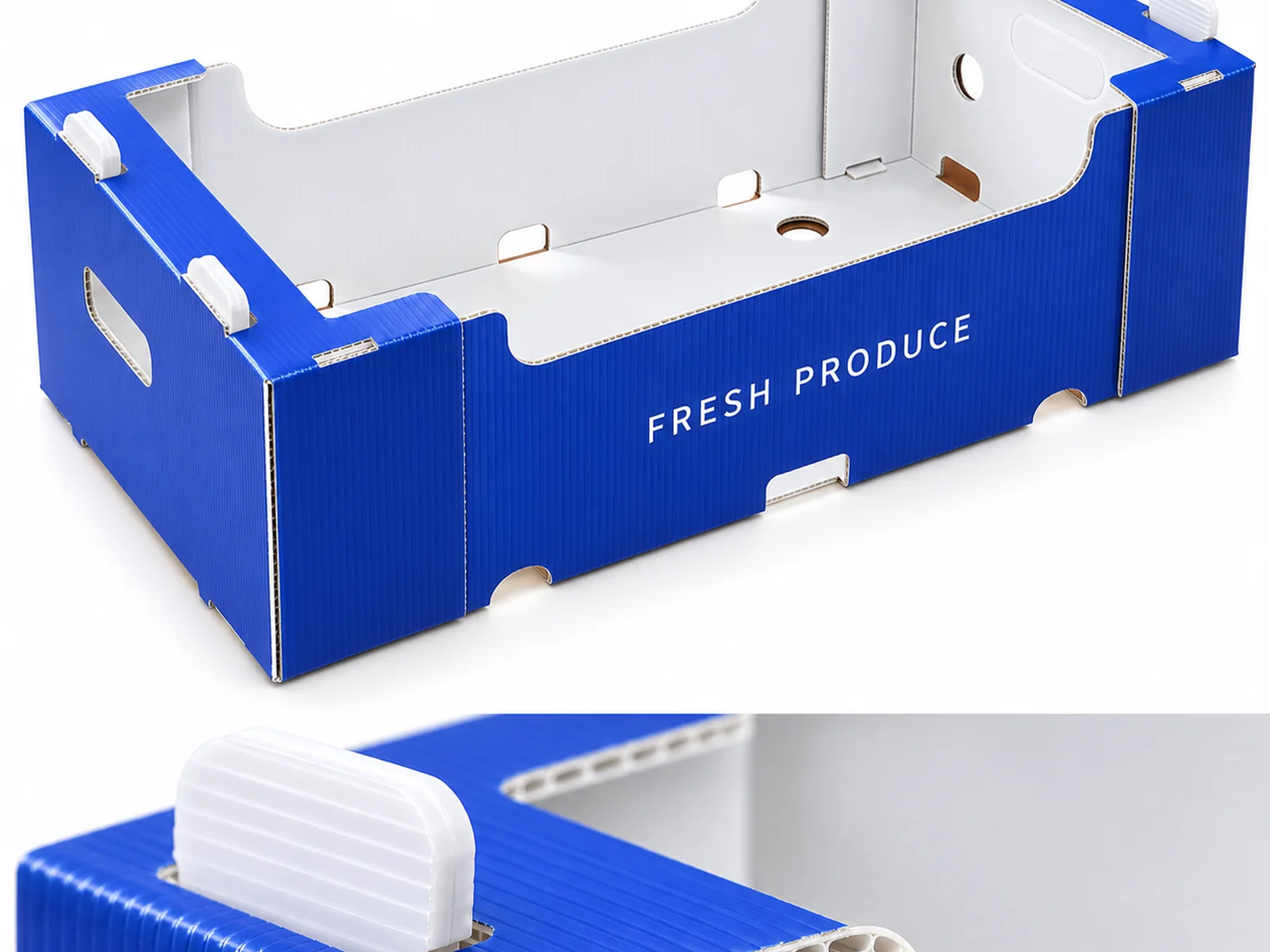 Packaging engineering drawing: a box dieline with dimension lines, ventilation slots, a hand hole and a detail of the thin twin-wall board edge.